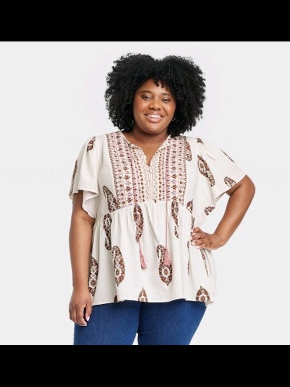Knox Rose Multicolor Paisley  Flutter-Sleeve Tassel Tunic Size 3X